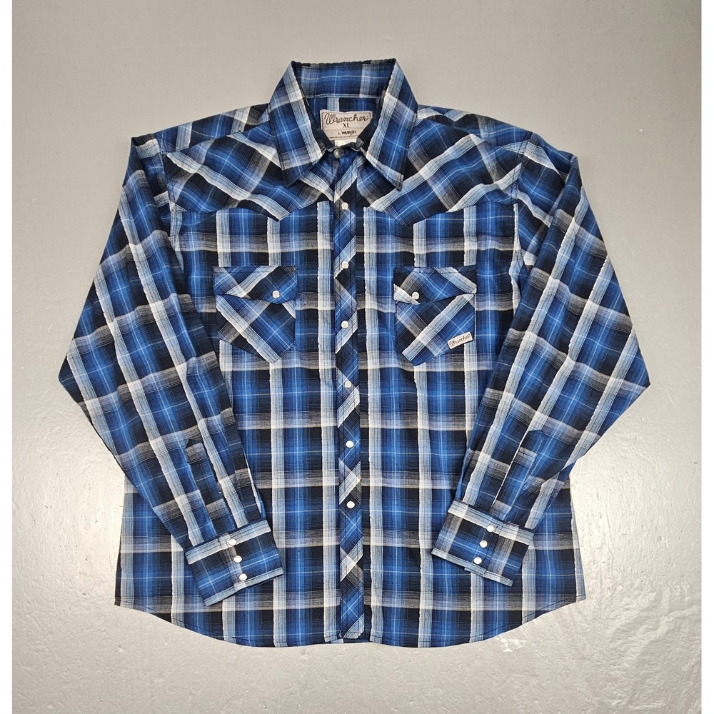 Wrangler Wrancher Pearl Snap Shirt Mens XL Blue Long Sleeve Plaid Western Cowboy